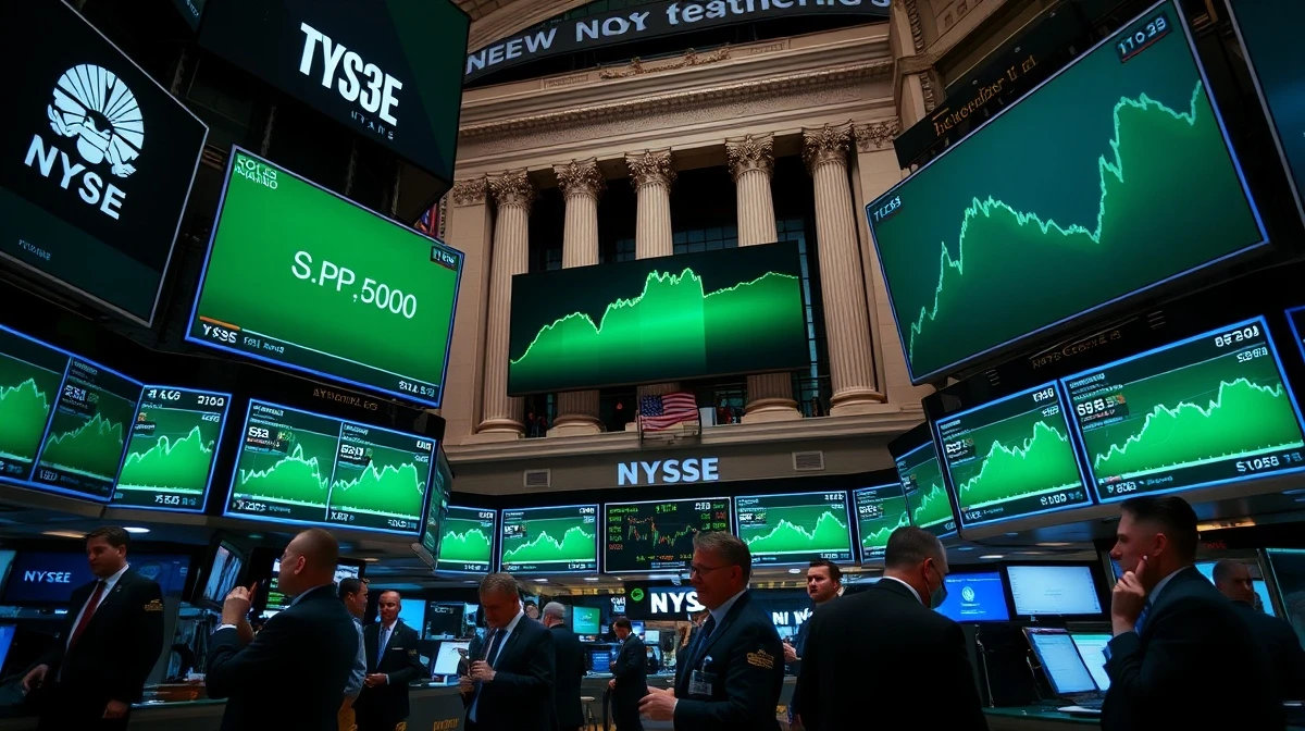 NYSE trading floor with green screens showing S&P 500 at record high during tech-led rally