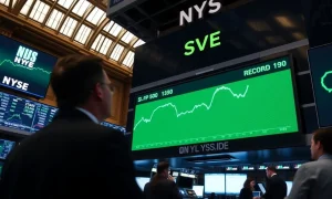 New York Stock Exchange trading floor with green screens showing S&P 500 record high