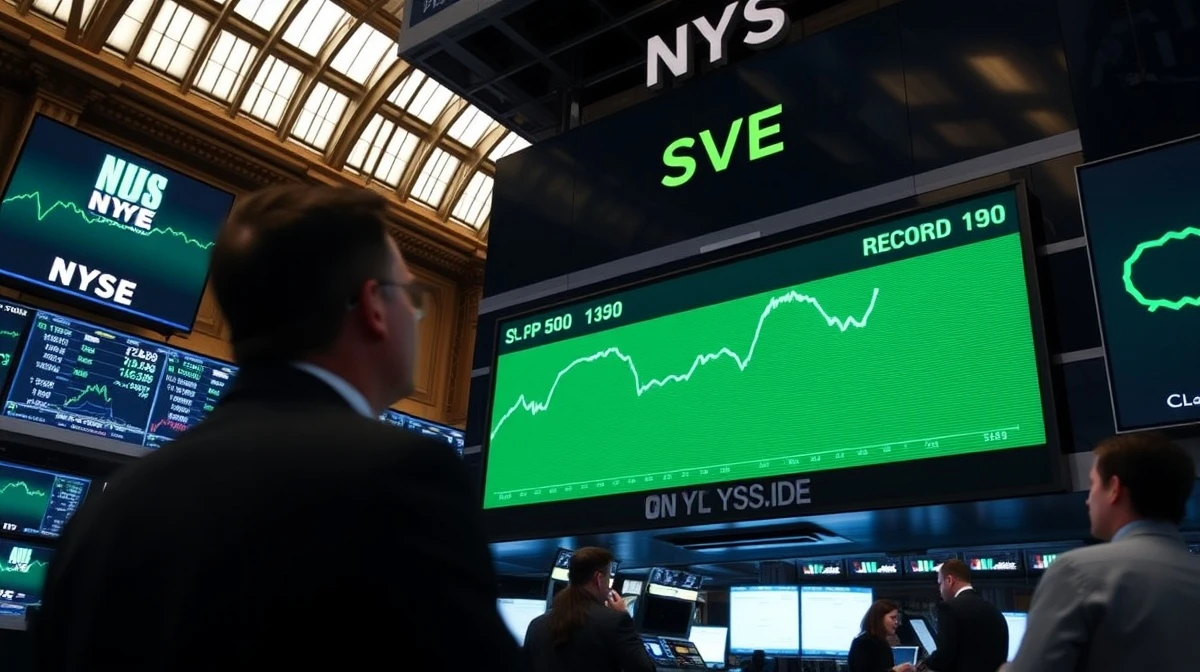 New York Stock Exchange trading floor with green screens showing S&P 500 record high