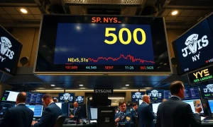 New York Stock Exchange trading floor with S&P 500 ticker showing a decline on May 7, 2026.