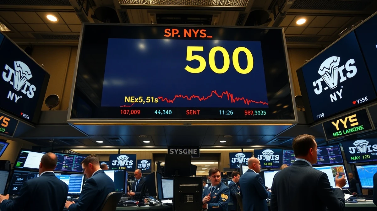 New York Stock Exchange trading floor with S&P 500 ticker showing a decline on May 7, 2026.