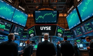 NYSE trading floor with green screens showing record highs for S&P 500 and Nasdaq 100