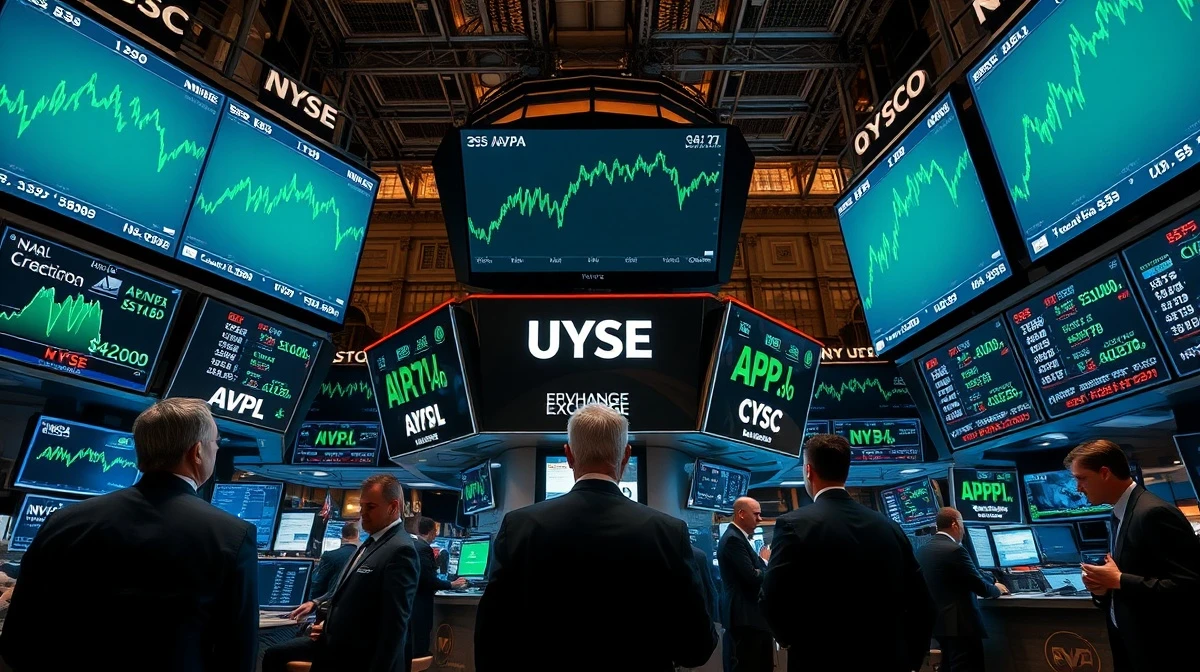 NYSE trading floor with green screens showing record highs for S&P 500 and Nasdaq 100