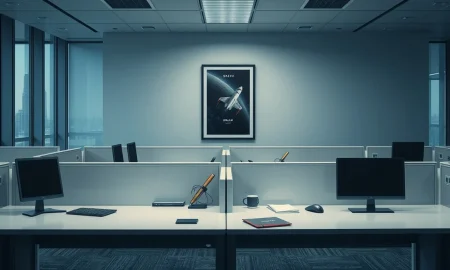 Empty desks in a modern office with a SpaceX poster, representing recent staff departures at SpaceXAI.