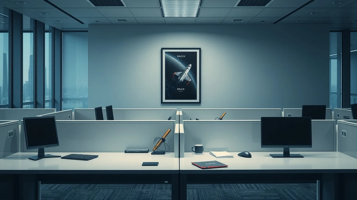 Empty desks in a modern office with a SpaceX poster, representing recent staff departures at SpaceXAI.