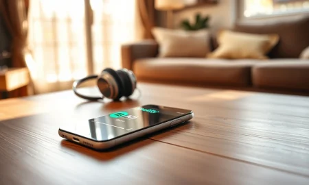 Smartphone displaying Spotify's AI DJ feature on a wooden table with headphones nearby.