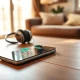 Smartphone displaying Spotify's AI DJ feature on a wooden table with headphones nearby.