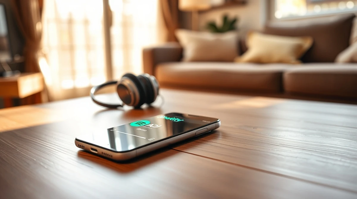 Smartphone displaying Spotify's AI DJ feature on a wooden table with headphones nearby.