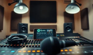 Smartphone showing Spotify app on a mixing console in a modern music studio