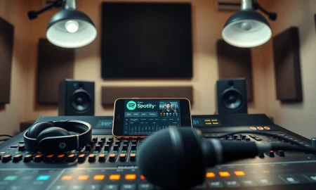 Smartphone showing Spotify app on a mixing console in a modern music studio
