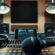 Smartphone showing Spotify app on a mixing console in a modern music studio