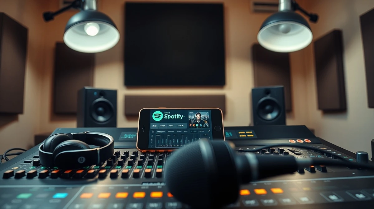 Smartphone showing Spotify app on a mixing console in a modern music studio
