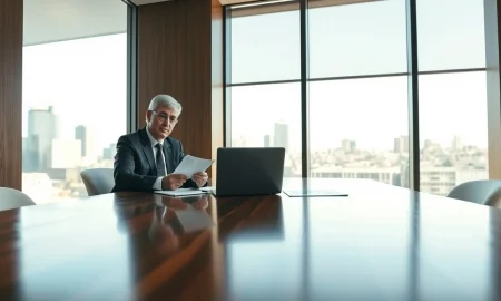 Two executives in a meeting room discussing pension risk transfer deal documents