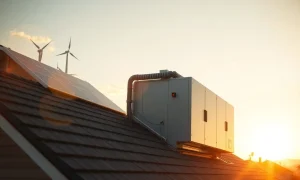 Futuristic residential solar microgrid installation at sunset, representing DePIN technology.