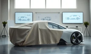 Stellantis electric vehicle prototype in a design studio with digital screens showing blueprints