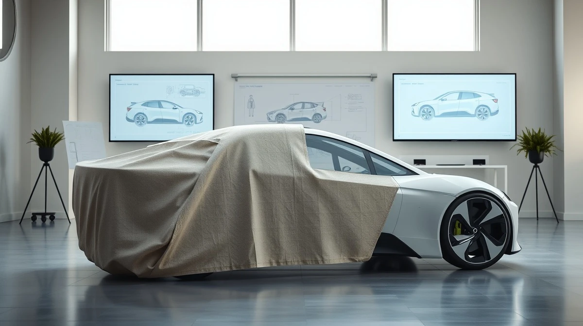Stellantis electric vehicle prototype in a design studio with digital screens showing blueprints