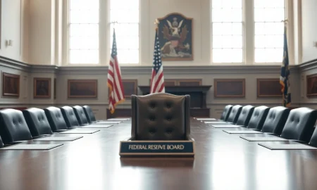 Empty chair at a Federal Reserve board meeting table in Washington D.C. signifying leadership transition.