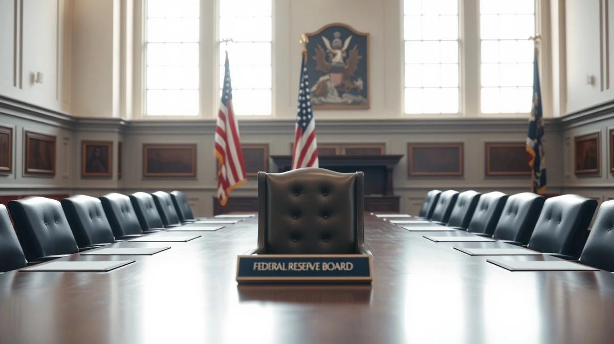 Empty chair at a Federal Reserve board meeting table in Washington D.C. signifying leadership transition.