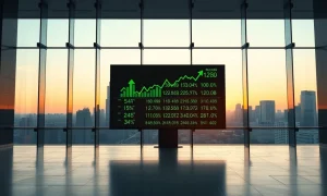 Stock market display board showing green arrows and record highs in a modern financial building