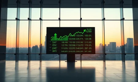Stock market display board showing green arrows and record highs in a modern financial building