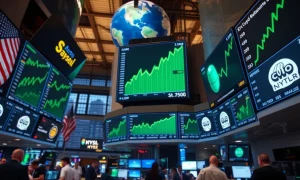 Stock exchange floor with green screens showing record highs amid tech earnings and falling oil prices