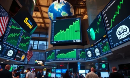 Stock exchange floor with green screens showing record highs amid tech earnings and falling oil prices
