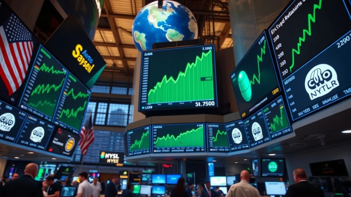 Stock exchange floor with green screens showing record highs amid tech earnings and falling oil prices