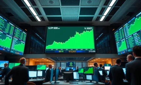 Stock exchange screens showing green charts and record highs during market rally