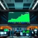 Stock exchange screens showing green charts and record highs during market rally
