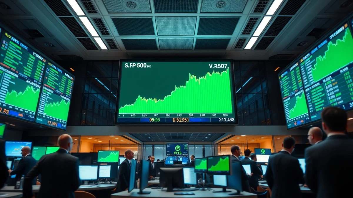 Stock exchange screens showing green charts and record highs during market rally