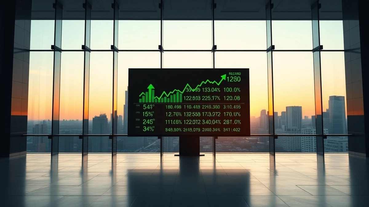 Stock market display board showing green arrows and record highs in a modern financial building