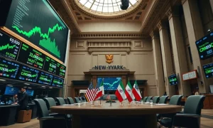 Stock exchange trading floor with green screens and diplomatic flags representing market rally and peace talks