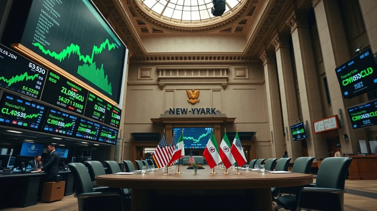 Stock exchange trading floor with green screens and diplomatic flags representing market rally and peace talks