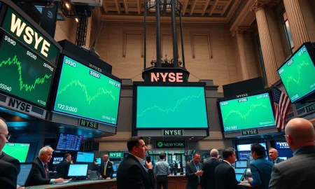 New York Stock Exchange trading floor with green screens showing record high S&P 500 index levels