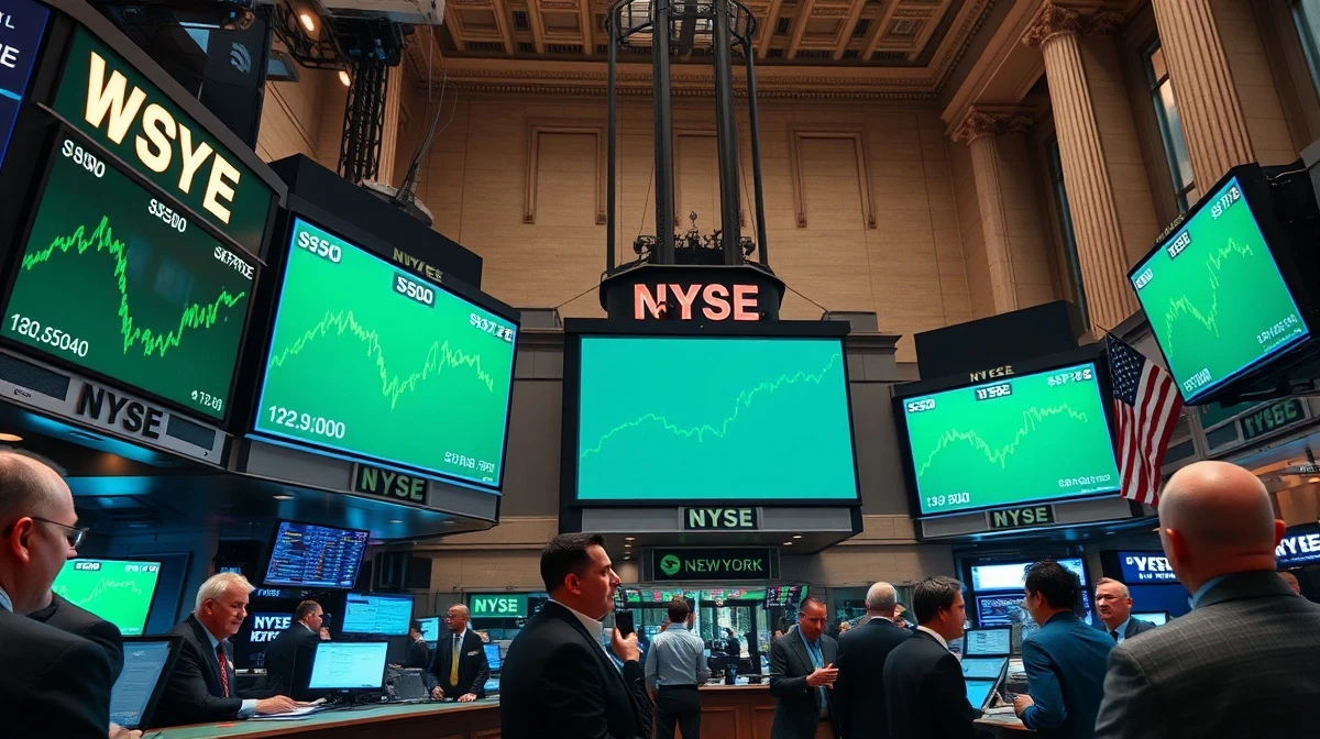 New York Stock Exchange trading floor with green screens showing record high S&P 500 index levels