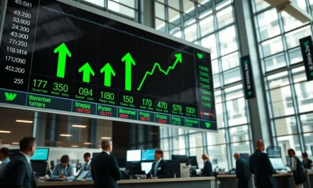 Stock market display showing green gains on a trading floor during a rally