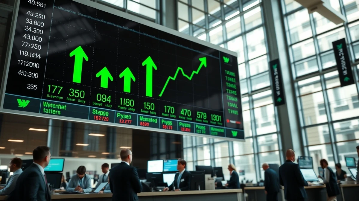Stock market display showing green gains on a trading floor during a rally