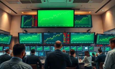 Stock exchange trading floor with green screens showing market gains