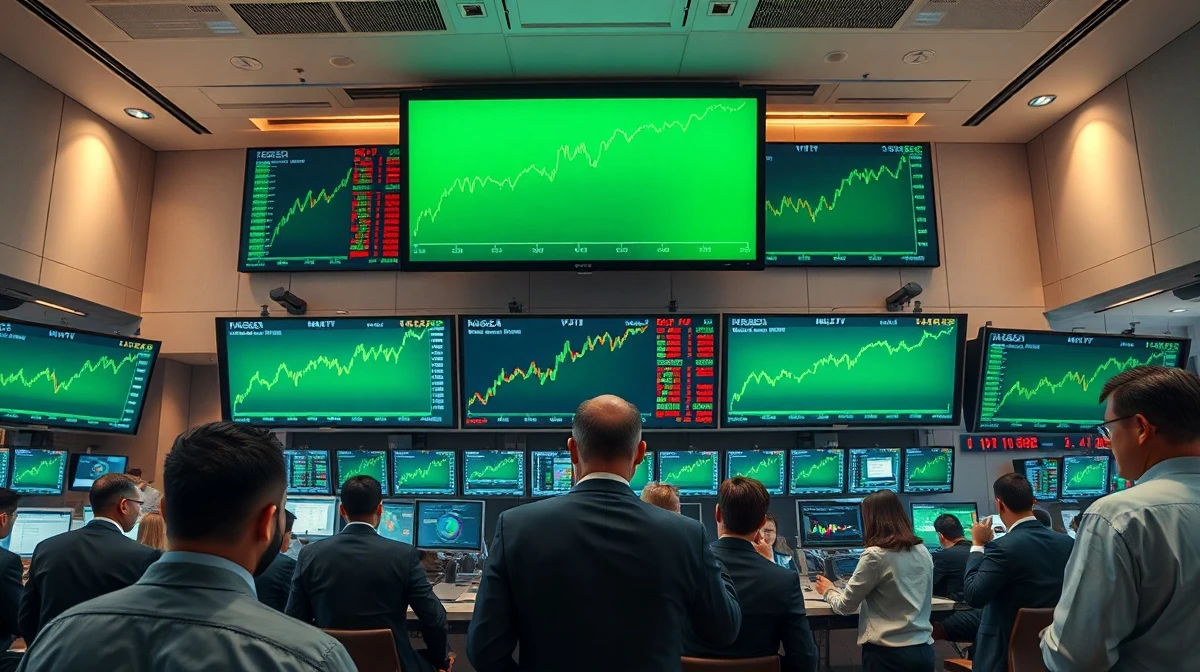 Stock exchange trading floor with green screens showing market gains