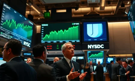 Stock exchange trading floor with green screens showing record high S&P 500 and Nasdaq indices