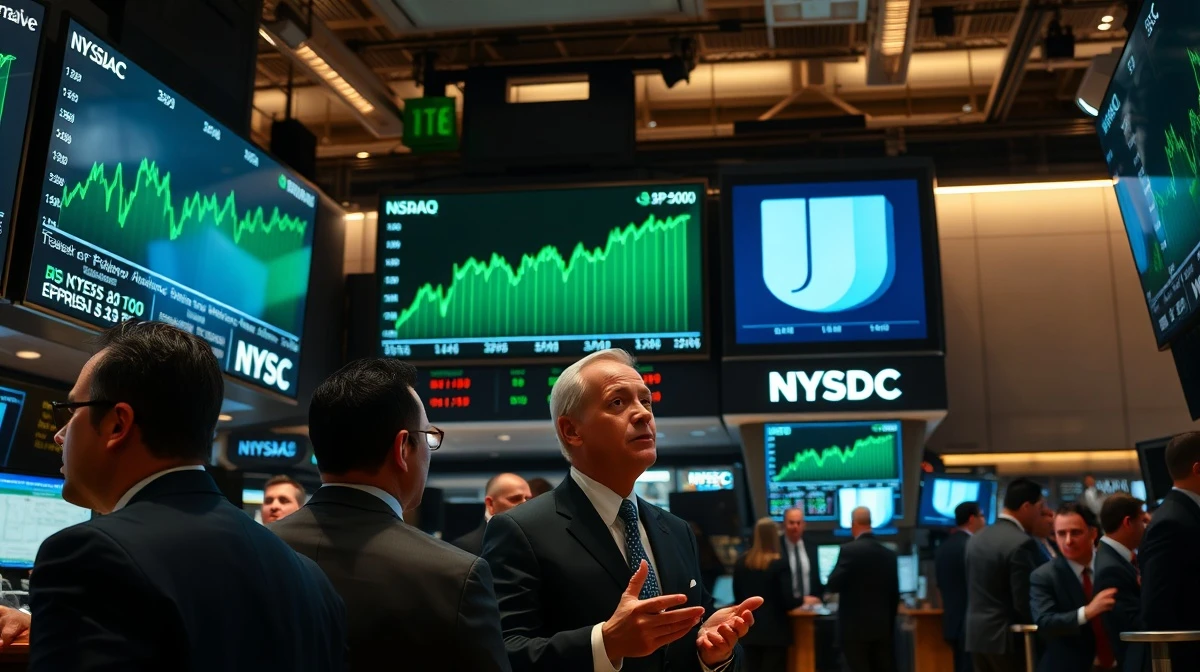Stock exchange trading floor with green screens showing record high S&P 500 and Nasdaq indices