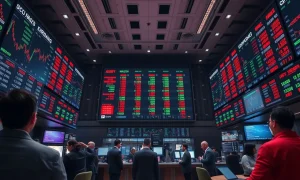 Stock exchange floor with screens showing mixed market data after inflation report