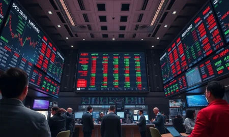 Stock exchange floor with screens showing mixed market data after inflation report