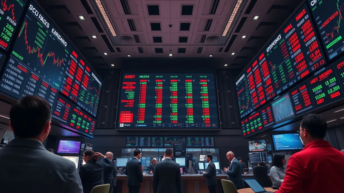 Stock exchange floor with screens showing mixed market data after inflation report
