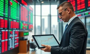 Stock exchange trading floor with mixed market data and inflation report visible on screens