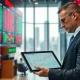 Stock exchange trading floor with mixed market data and inflation report visible on screens