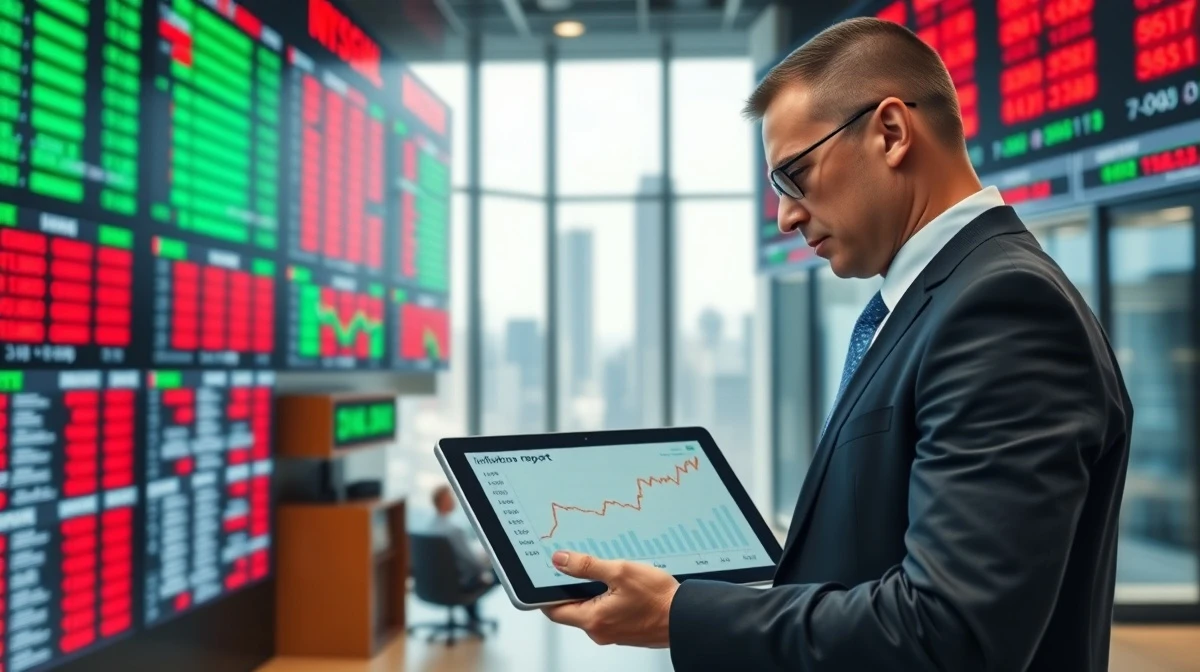 Electronic stock market board displaying mixed red and green numbers on a trading floor.