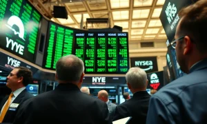 Traders on the NYSE floor watching green stock ticker during market rally