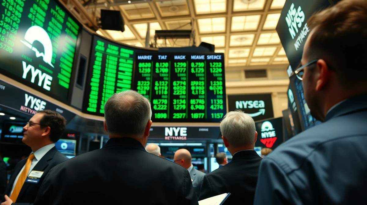 Traders on the NYSE floor watching green stock ticker during market rally