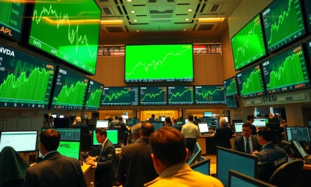 Stock exchange trading floor with green screens showing rising market indices and stock tickers